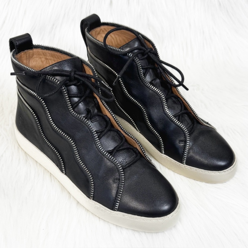 Frye Zippered Moto Black Leather High Top Bootie Lace Up Sneakers 8.5